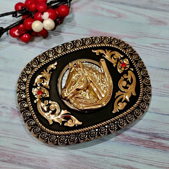 Horse Head Western belt Buckle Rose Tone 4.5 x 3.5 " With Rhinestones Shiny Blac - Picture 1 of 7